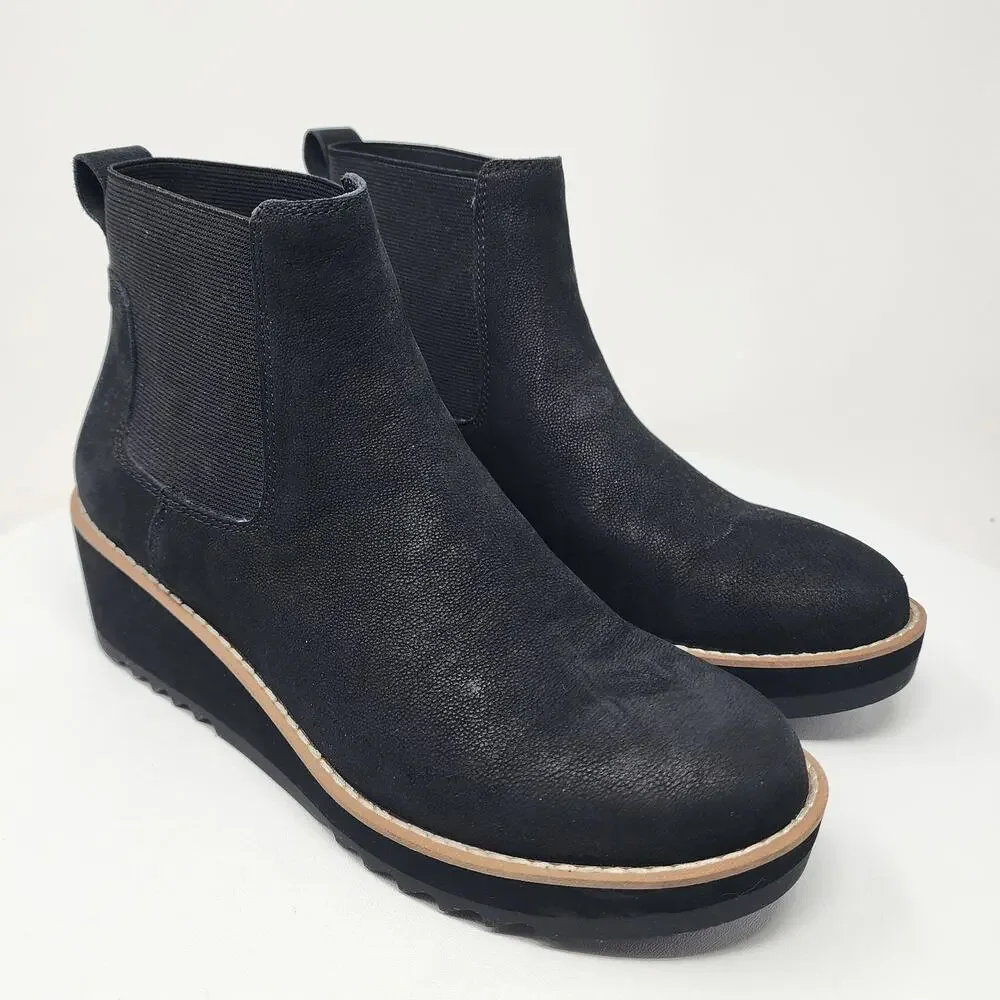 Eileen Fisher Luv Wedge Chelsea Boots Women 7 Black Nubuck Leather Ankle Bootie